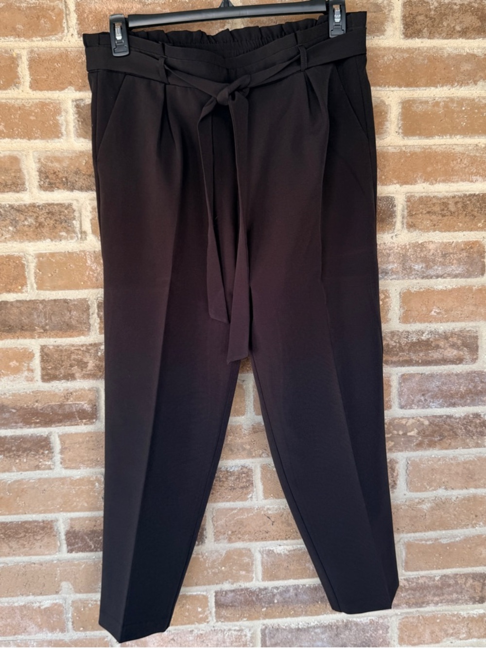 Women's Black Paperbag Tie-Waist Tapered Pants